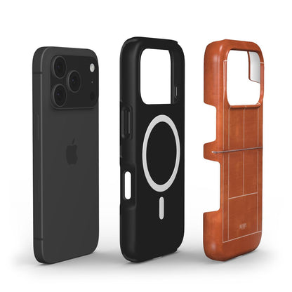 Smartphone with two sleek, trendy phone cases in black and flerfarvet brown-orange tones, blending practical style with a feminine, beautiful aesthetic.