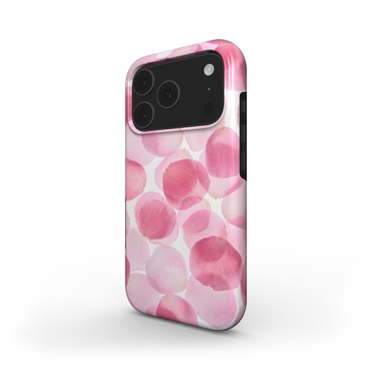 Trendy phone case featuring a feminine pattern of multicolored pink, red, and white petals for a soft, beautiful, and girly look.