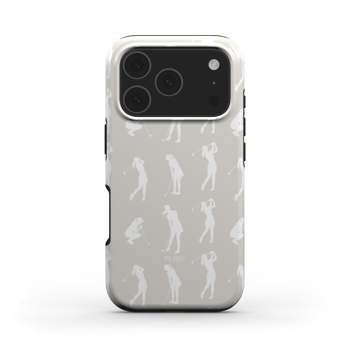Trendy beige and white phone case featuring elegant feminine silhouettes in various golf swing poses for a stylish and sporty look.