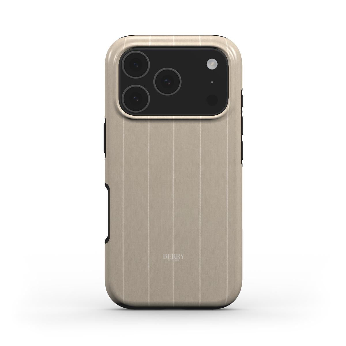 Trendy beige phone case with subtle vertical stripes and a sleek, feminine design for a stylish and elegant look.