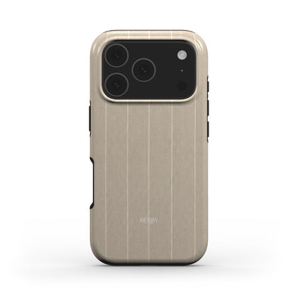 Trendy beige phone case with subtle vertical stripes and a sleek, feminine design for a stylish and elegant look.