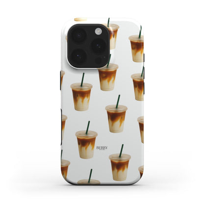Trendy phone case with a feminine and aesthetic iced latte print in white, brown, beige, and multicolor shades, perfect for a stylish girl vibe.
