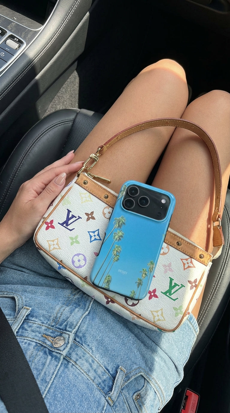 Trendy feminine hand holding a multicolored designer bag with a blue phone case featuring palm tree design on denim skirt in car seat.