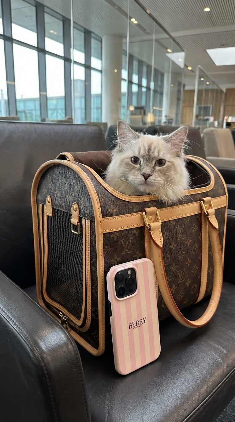 Trendy phone case in pink stripes leaning against a designer pet carrier with a fluffy cat inside, radiating a girly, feminine, and aesthetic vibe.