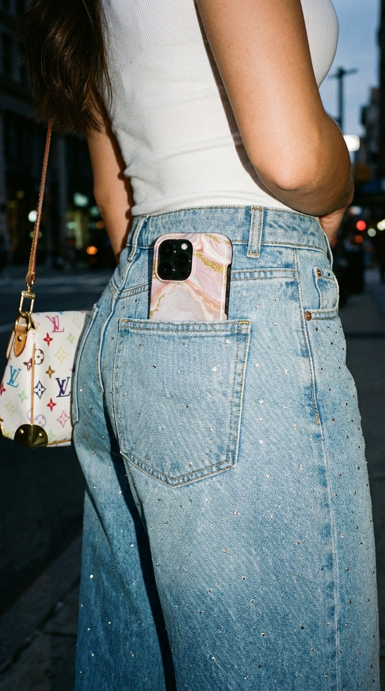 Trendy feminine phone case with pink, gold, and rose gold marble pattern tucked into sparkling denim pocket, showcasing a stylish and popular aesthetic vibe.