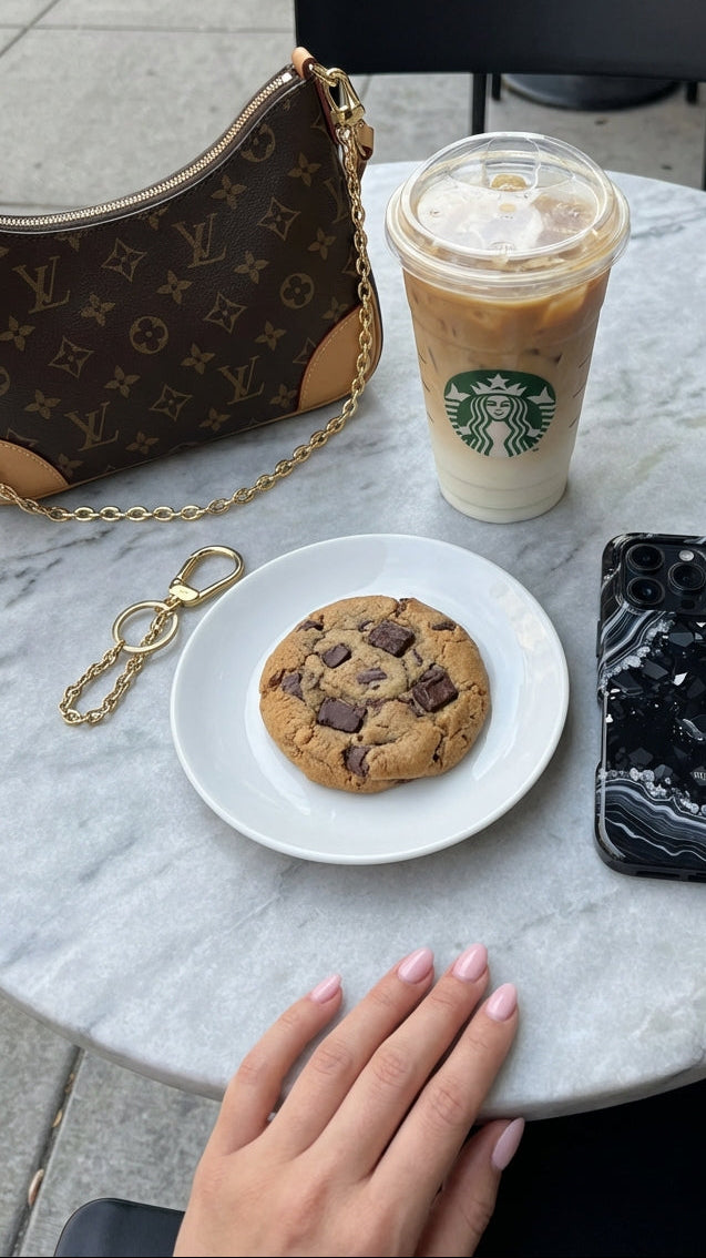 Trendy aesthetic scene with a stylish chocolate chip cookie on a white plate, iced coffee, elegant handbag, and a black marbled phone case on a marble table.