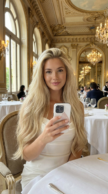 Trendy young woman with long blonde hair holding phone with rosegold and multicolored stylish case in elegant dining room, aesthetic and feminine vibe.