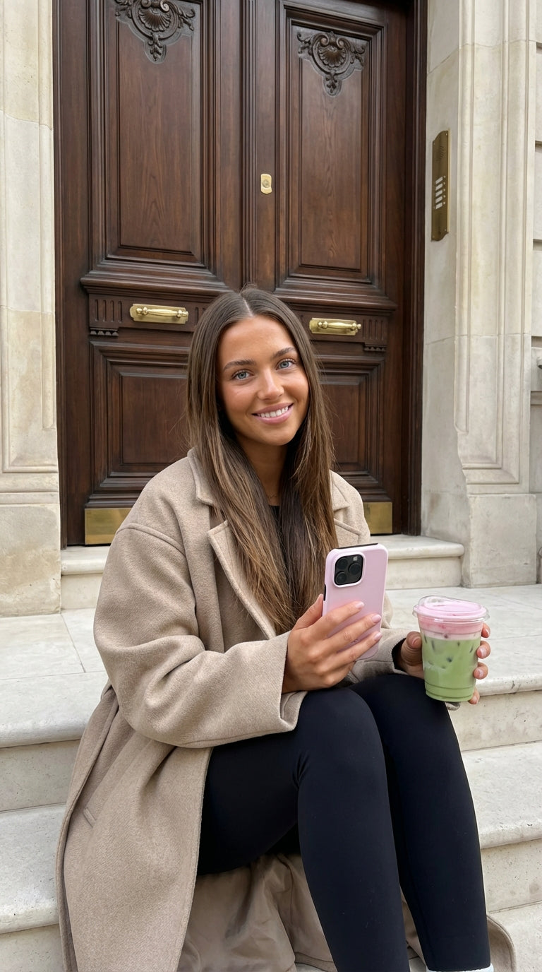 Smiling woman sitting on steps holding a phone with a pink case and a colorful drink, wearing a beige coat and black leggings in a trendy, feminine style.