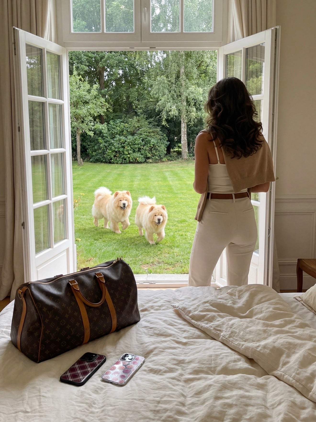 Woman standing by open French doors looking at two fluffy dogs on lush green lawn, with stylish travel bag and two patterned phone cases on bed nearby.
