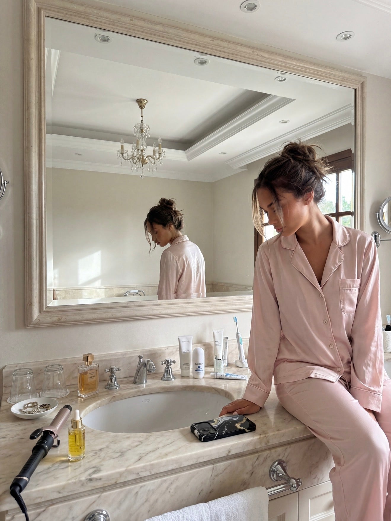 Trendy feminine woman in soft pink pajamas sitting on marble bathroom counter with stylish multicolored Midnight Gold phone case near beauty products and mirror.