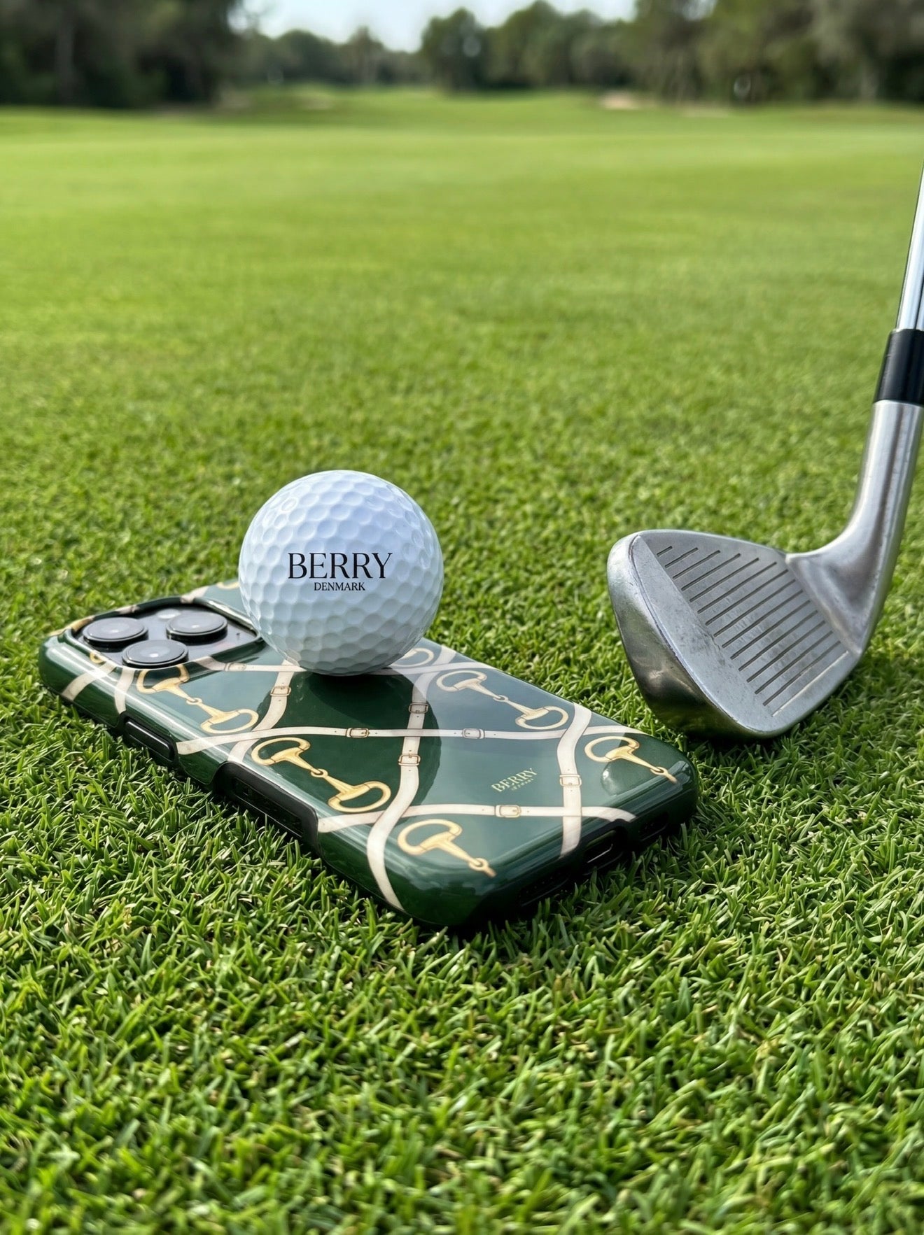 Trendy Elite Buckle phone case in multicolor with gold, brown, beige, and green pattern, styled on grass with golf ball and club for a chic feminine look.