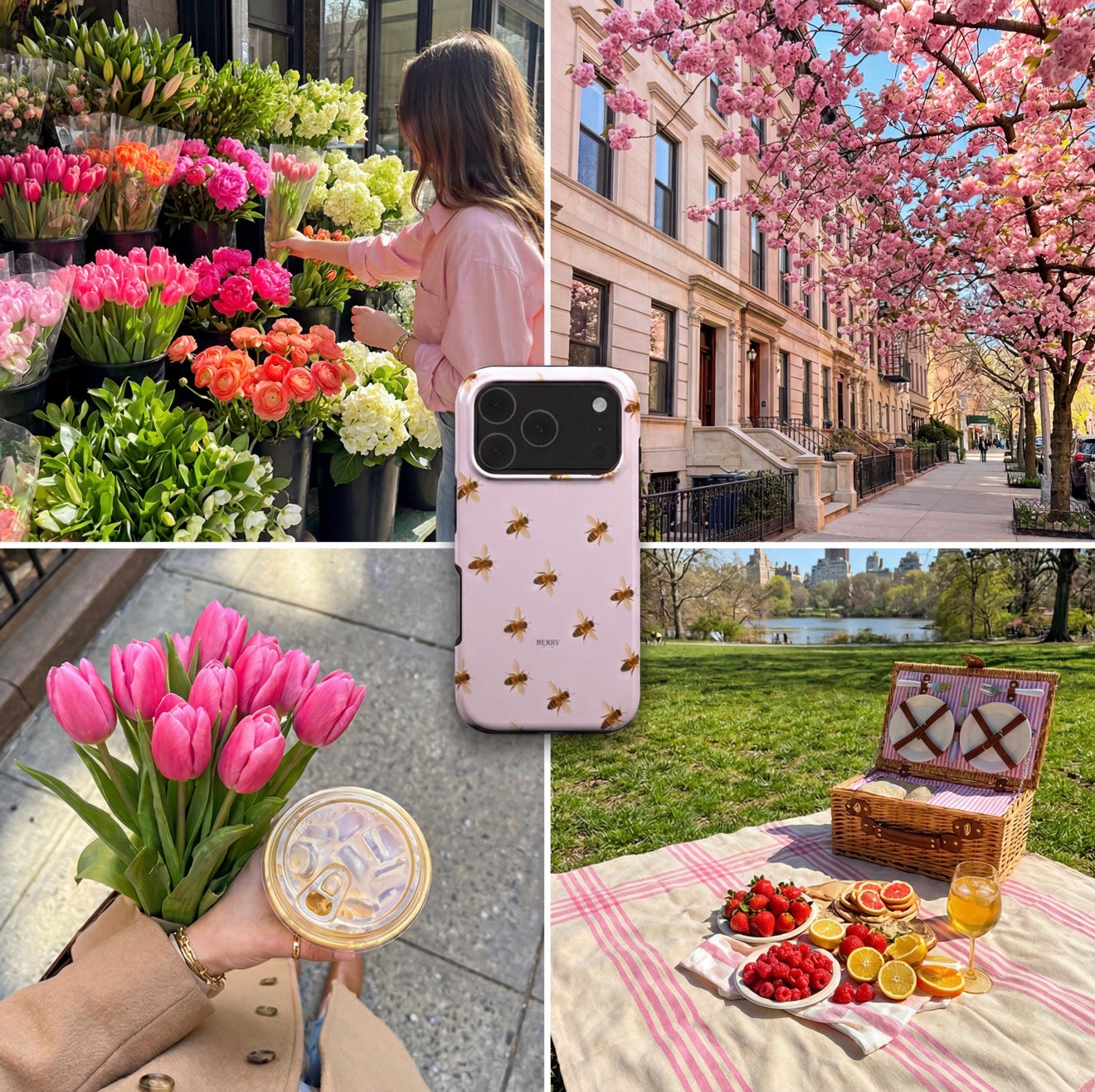 Trendy pink phone case with bee pattern surrounded by spring scenes of flowers, cherry blossoms, and a picnic, capturing a feminine and aesthetic vibe.