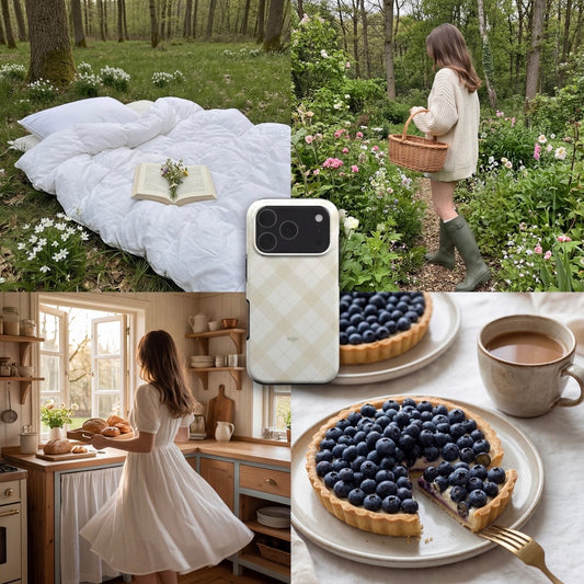 Beige and white plaid phone case with a trendy, feminine design inspired by cozy, natural, and beautiful outdoor and home settings.