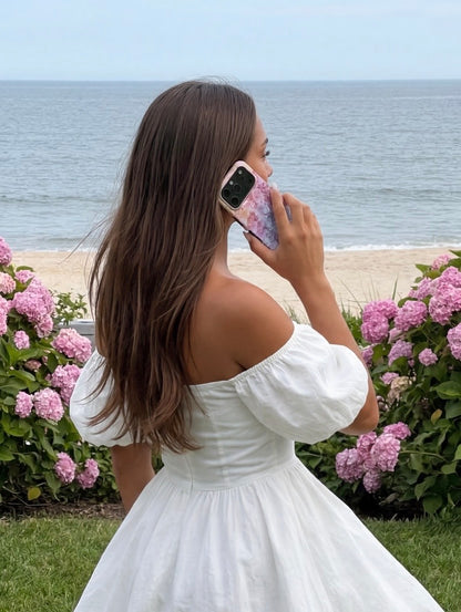 Berry Denmark Rainbow Spring pastel rainbow hydrangea iPhone case woman in white dress standing by ocean with flowers