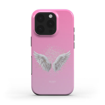 Trendy pink and white phone case with elegant angel wings design, featuring a subtle multicolored sparkle for a feminine and beautiful aesthetic.