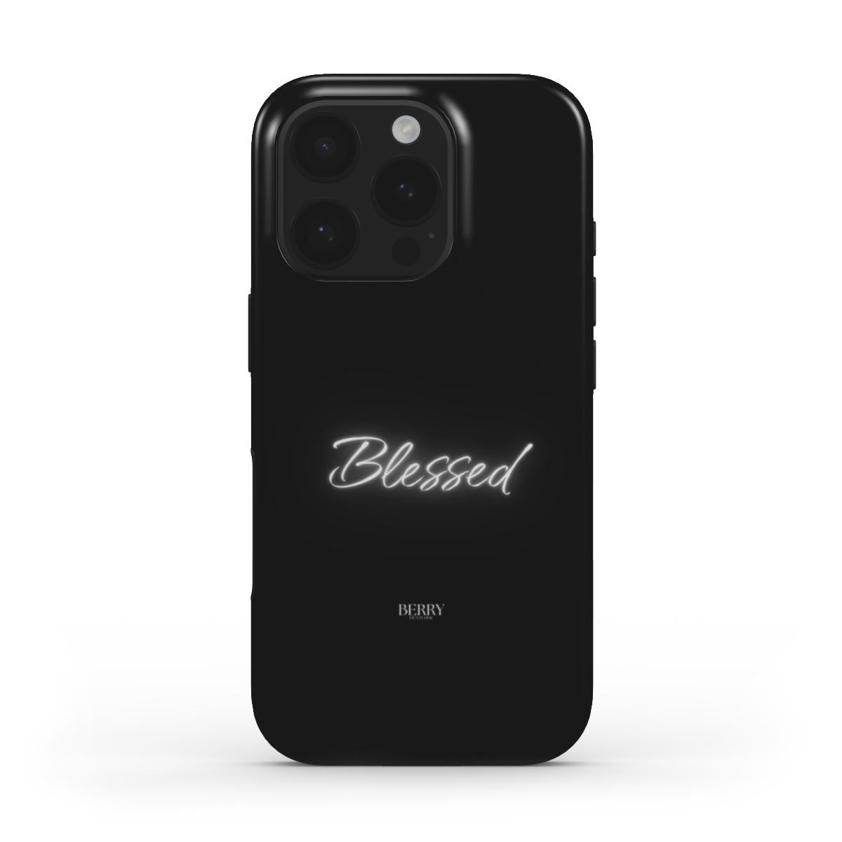 Trendy black phone case with glowing "Blessed" script and minimalist design, offering a sleek and feminine aesthetic for a stylish, modern look.