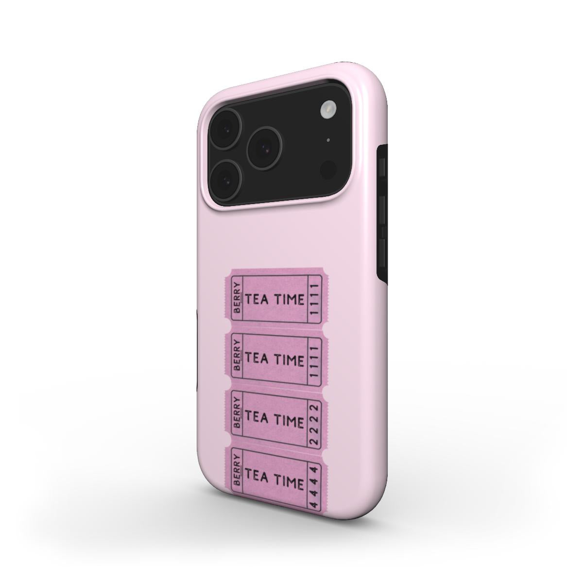 Pink phone case with beige and white accents featuring a trendy girly "Tea Time" ticket design for a beautiful, feminine aesthetic.