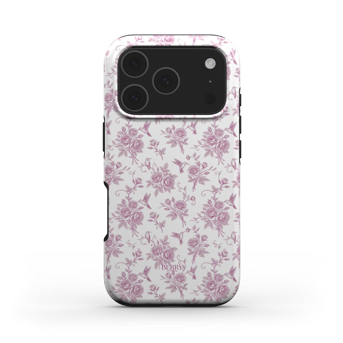 Trendy feminine phone case with a delicate flerfarvet pink rose pattern on white background, perfect for that girly and beautiful aesthetic.