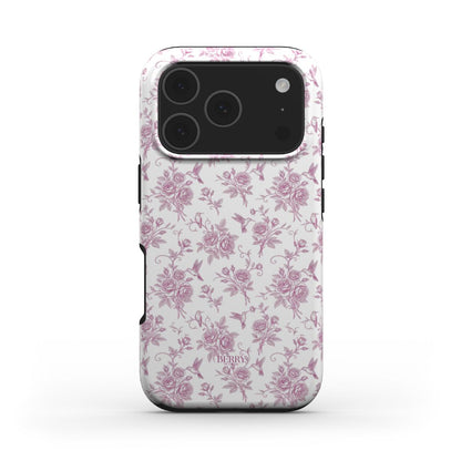 Trendy feminine phone case with a delicate flerfarvet pink rose pattern on white background, perfect for that girly and beautiful aesthetic.