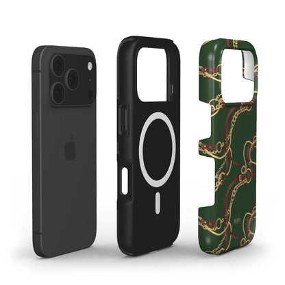 Trendy phone case with gold and brown chain pattern on green and beige, combining a feminine and beautiful aesthetic with a stylish, popular look.