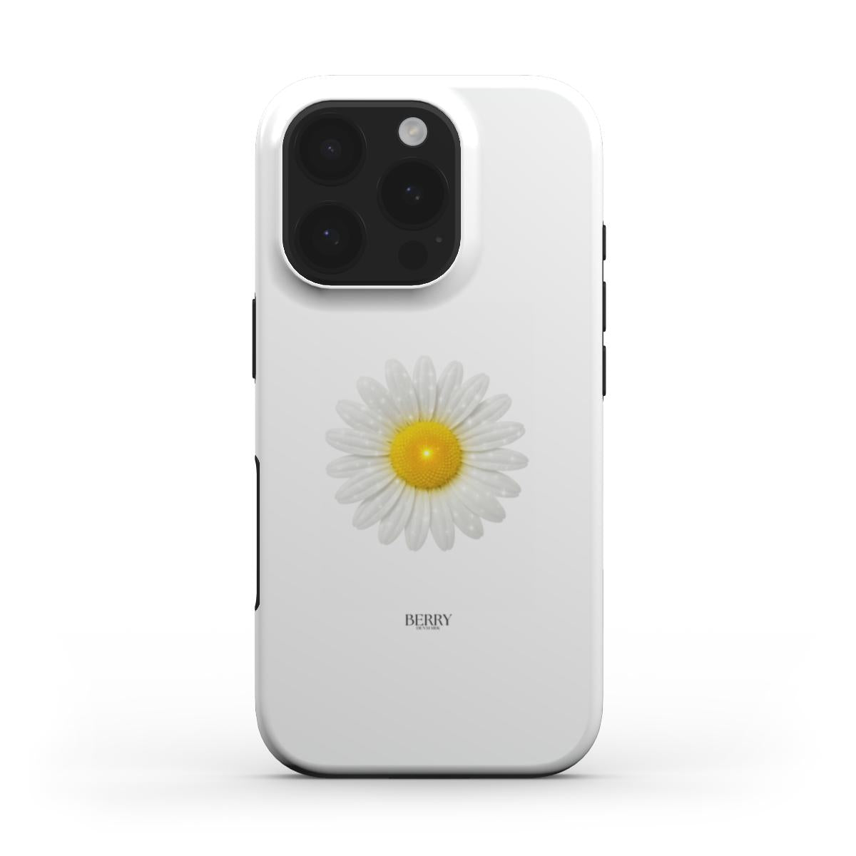 White phone case with a bright yellow and white daisy pattern, showcasing a trendy and feminine aesthetic for a stylish and popular look.
