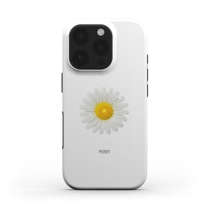 White phone case with a bright yellow and white daisy pattern, showcasing a trendy and feminine aesthetic for a stylish and popular look.