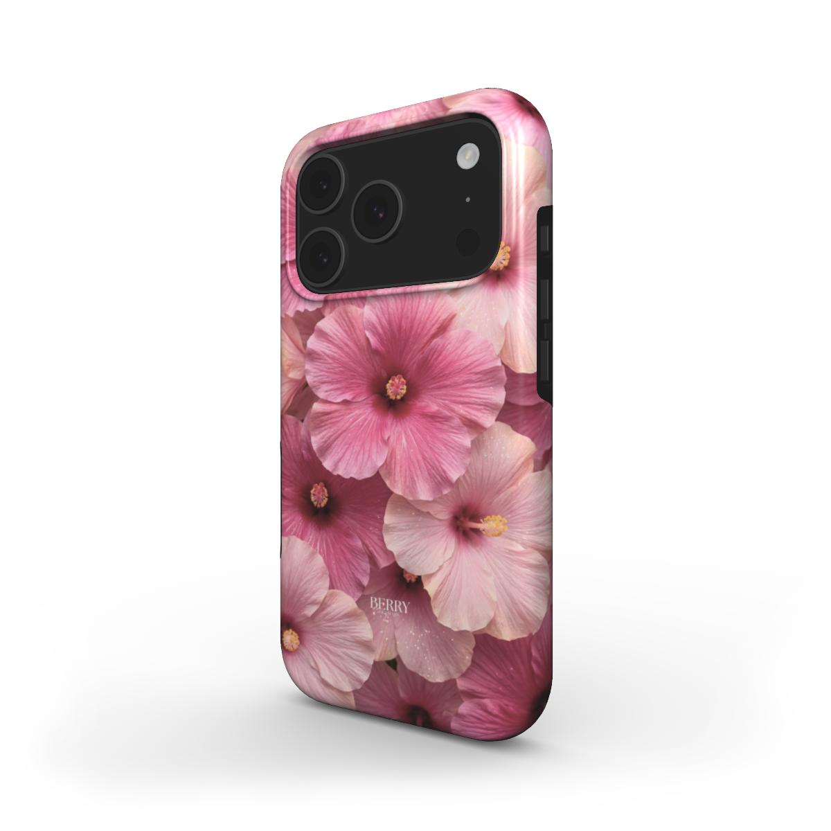 Trendy phone case with a feminine floral design in pink and red hues, featuring beautiful multicolor blossoms for a stylish and girly look.