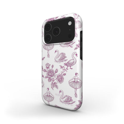 Trendy phone case with a feminine pattern of pink swans, ballerinas, and roses on a white background, creating an elegant and beautiful look.