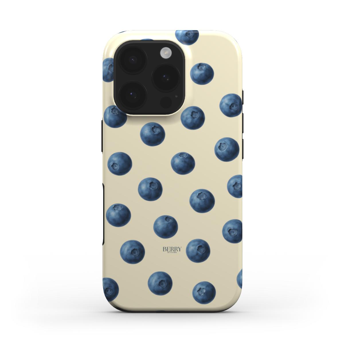 Trendy phone case with a feminine, multicolored pattern featuring blue and yellow blueberry designs on a soft neutral background.