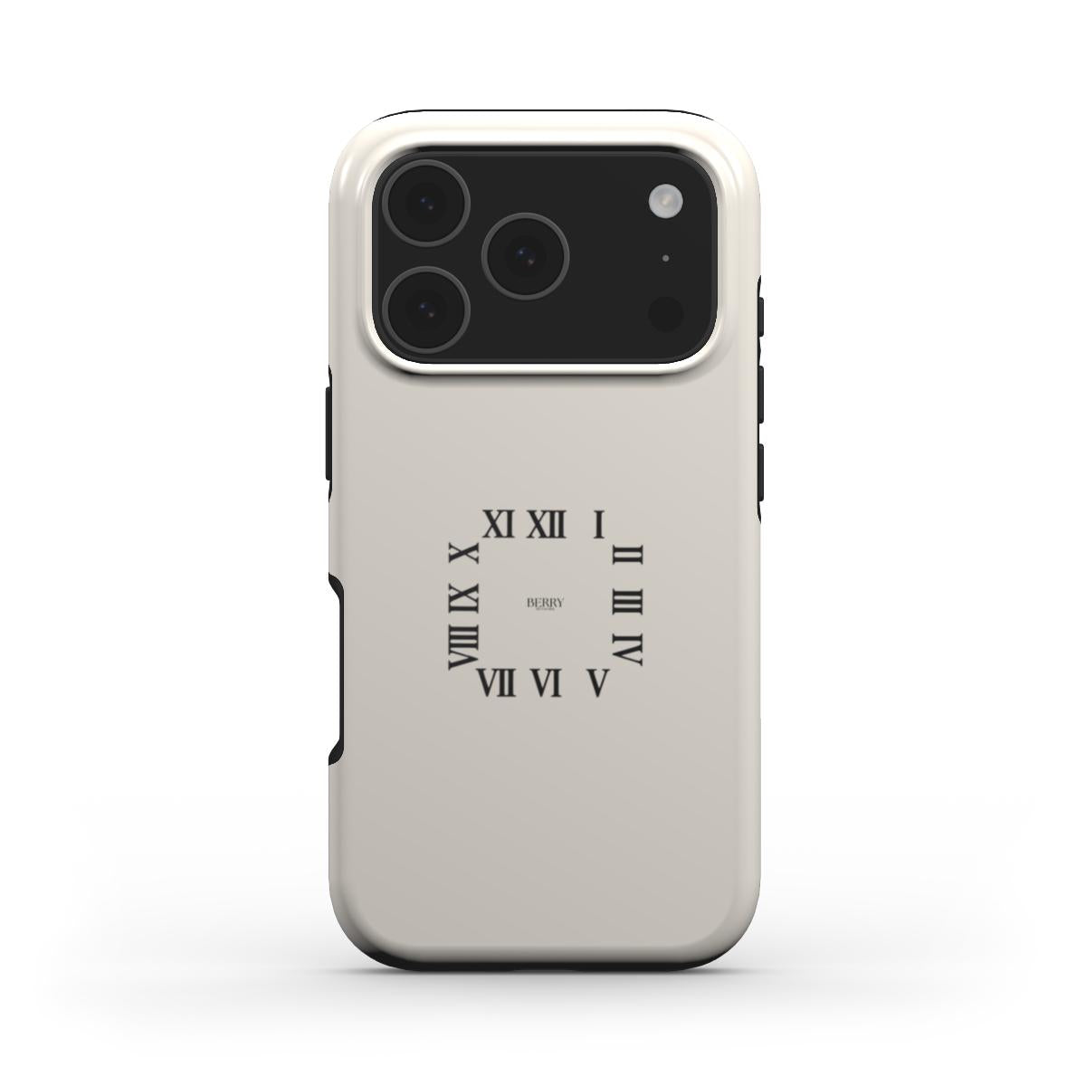 Trendy feminine phone case in flerfarvet, white, and beige with a minimalist roman numeral clock design, perfect for a stylish and popular look.