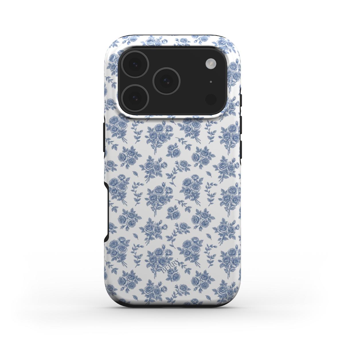 Trendy phone case with a multicolored white and blue floral pattern, featuring a feminine and beautiful design inspired by a royal garden aesthetic.