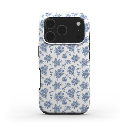 Trendy phone case with a multicolored white and blue floral pattern, featuring a feminine and beautiful design inspired by a royal garden aesthetic.