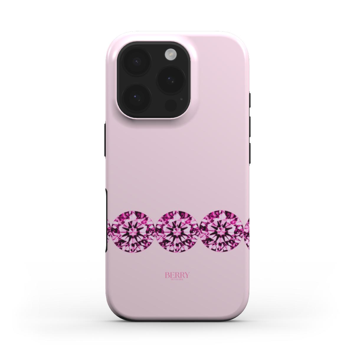 Trendy pink phone case with a rosegold and pink diamond pattern, featuring a feminine and girly aesthetic perfect for stylish that girl vibes.