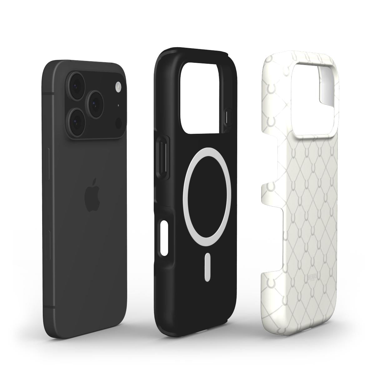 Two trendy beige and white patterned phone cases alongside a stylish black phone case with a MagSafe design for an iPhone model.