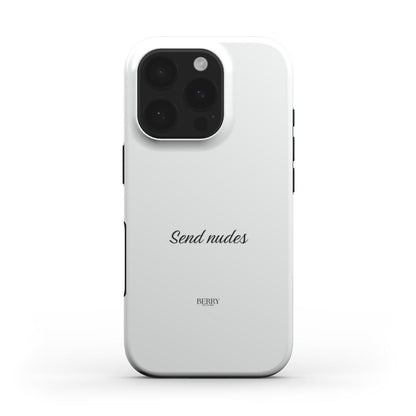 Trendy white phone case with minimalist black script text, featuring a clean and feminine aesthetic perfect for a stylish and popular look.