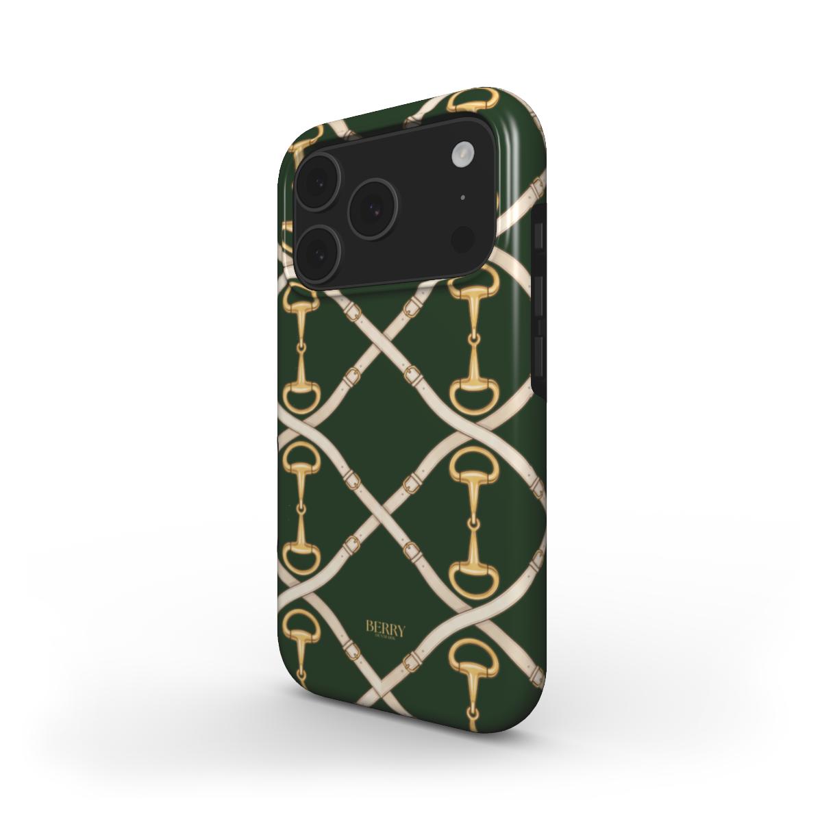 Trendy phone case with elegant gold and beige buckle pattern on deep green background, combining brown, beige, and green tones for a stylish feminine look.