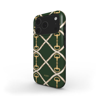 Trendy phone case with elegant gold and beige buckle pattern on deep green background, combining brown, beige, and green tones for a stylish feminine look.