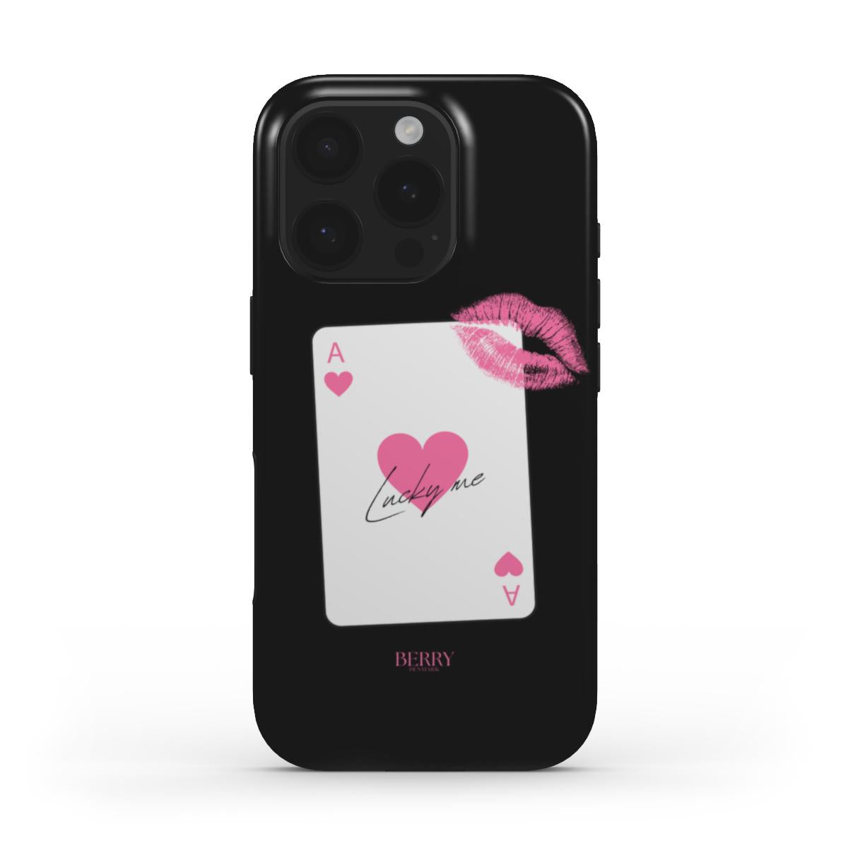 Black phone case with a pink and multicolored ace of hearts card design and a pink lipstick kiss detail, creating a trendy feminine look.