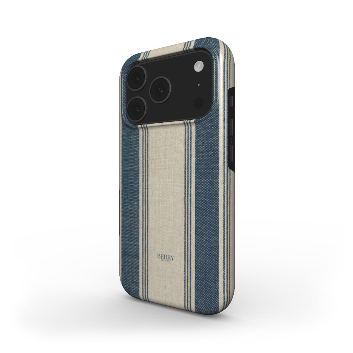 Beige and blå striped phone case with a trendy, feminine aesthetic and elegant design, offering a stylish and protective fit for modern phones.