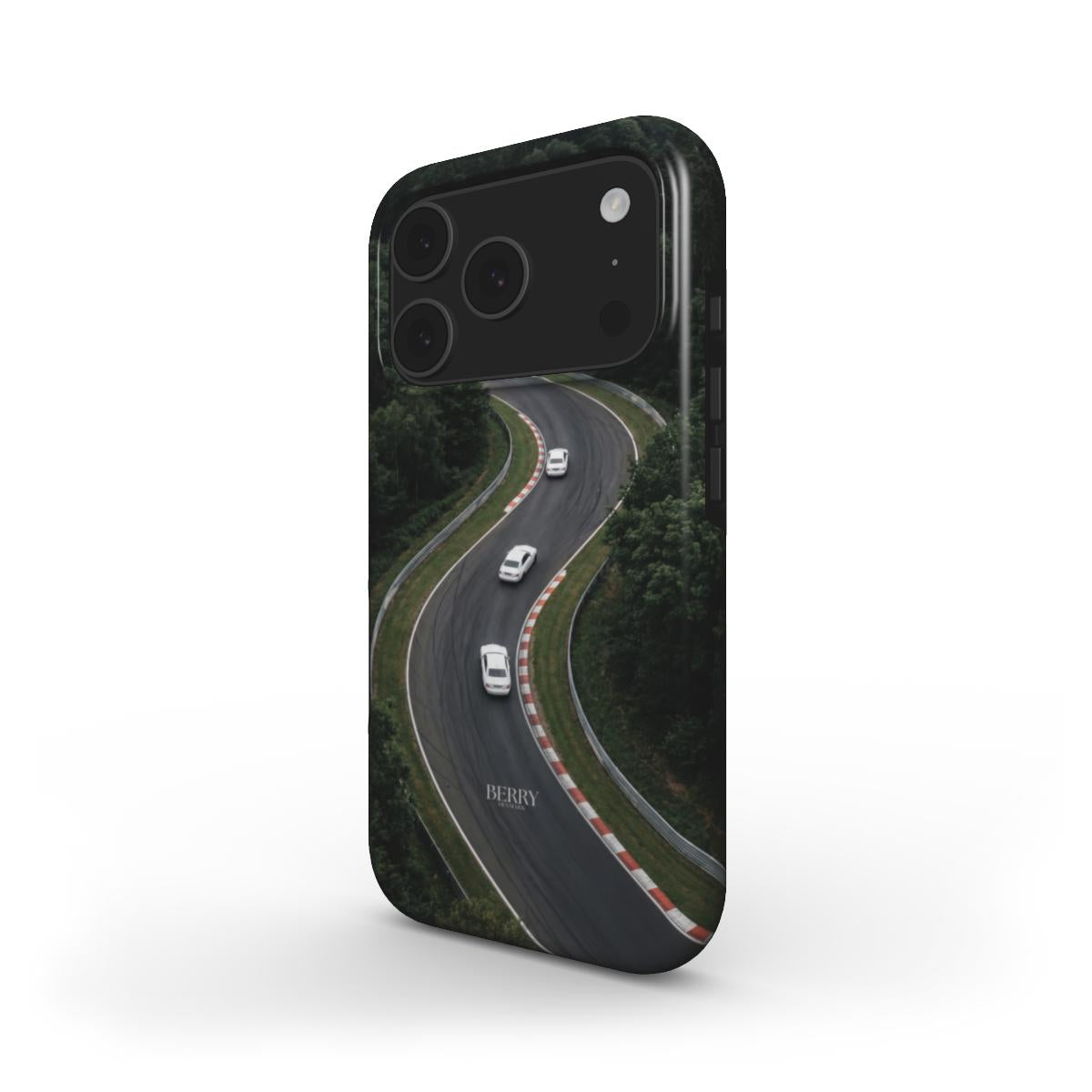 Trendy phone case in green and black with a stylish winding road design, combining aesthetic charm and feminine appeal for a popular, beautiful look.