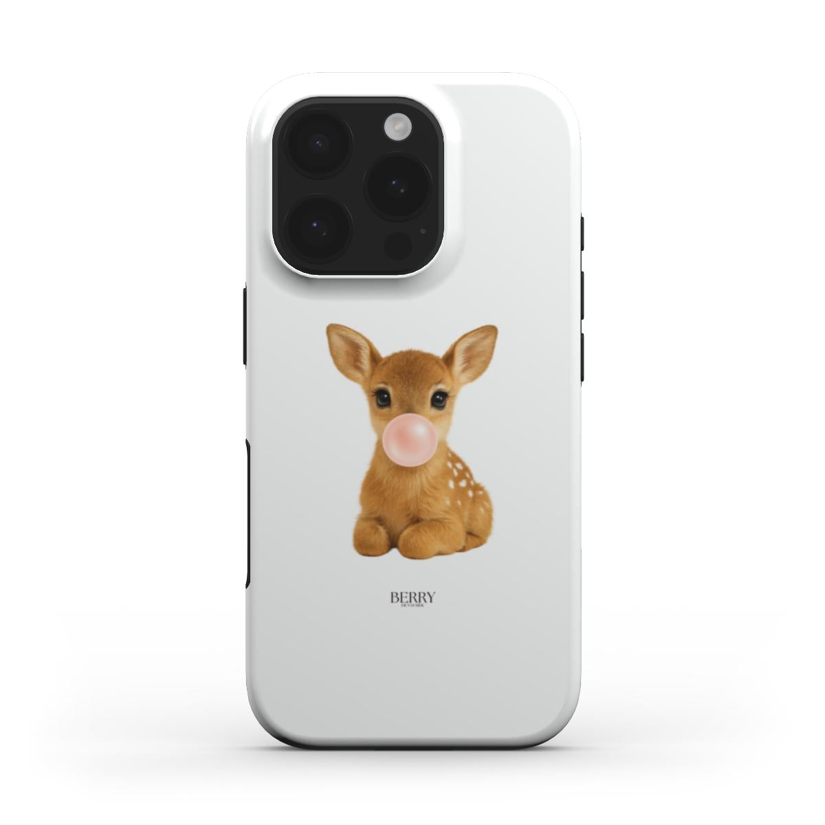 Trendy Bambino Clean phone case in white and beige featuring a cute fawn blowing a bubblegum bubble for a playful feminine look.