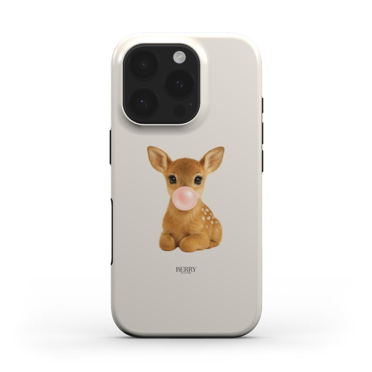 Trendy phone case featuring a cute baby deer blowing a bubblegum bubble, combining playful and feminine aesthetic for a stylish, girly look.