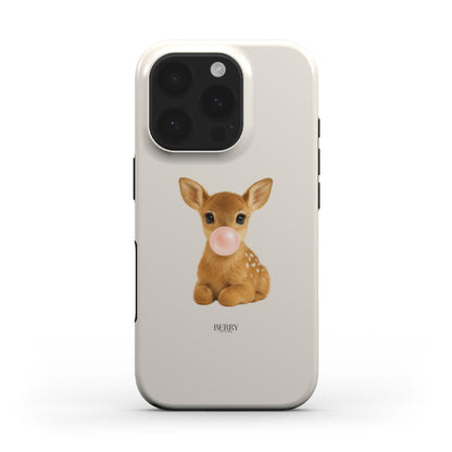 Trendy phone case featuring a cute baby deer blowing a bubblegum bubble, combining playful and feminine aesthetic for a stylish, girly look.