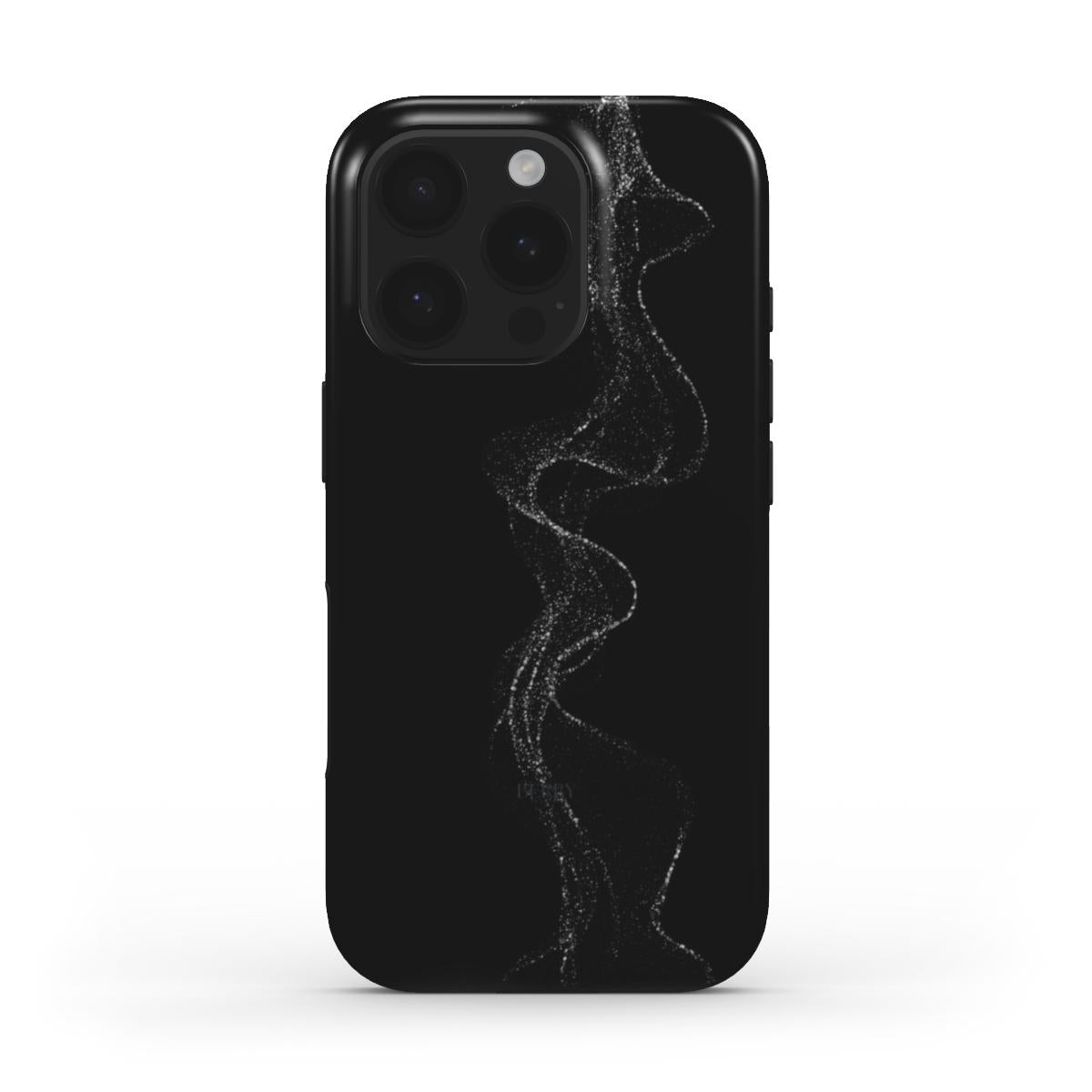 Black phone case with a sleek, silver drizzle design creating an elegant and trendy feminine aesthetic.