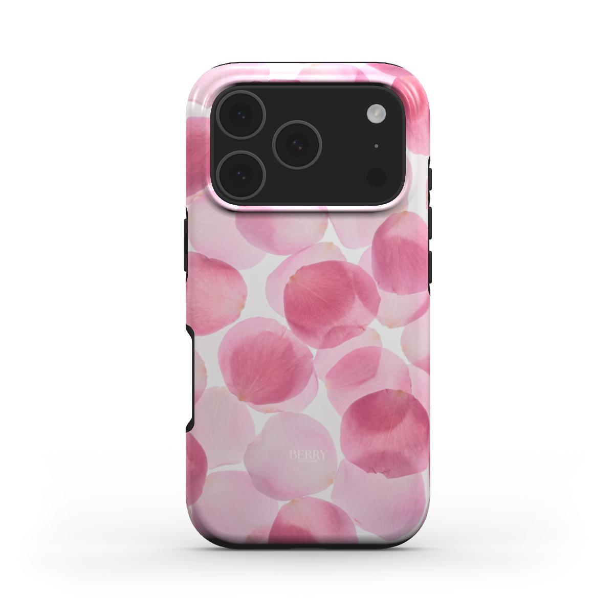 Trendy phone case with a feminine, girly design featuring multicolored pink, red, and white petal patterns for a beautiful, aesthetic look.