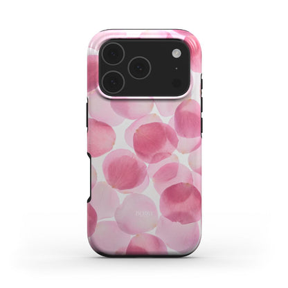 Trendy phone case with a feminine, girly design featuring multicolored pink, red, and white petal patterns for a beautiful, aesthetic look.