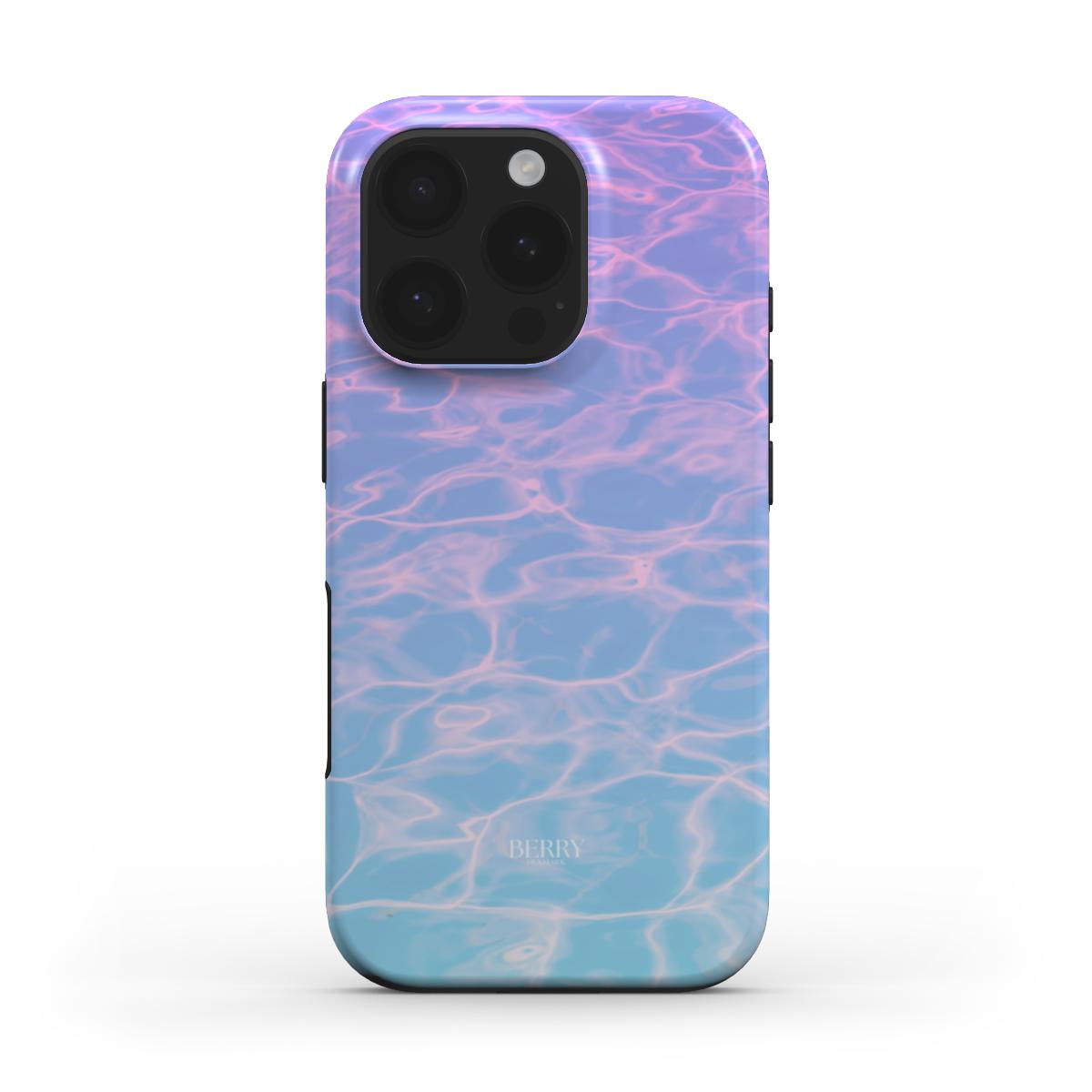 Trendy feminine phone case with a blue, purple, and multicolored watery pattern evoking a beautiful and aesthetic pool vibe.