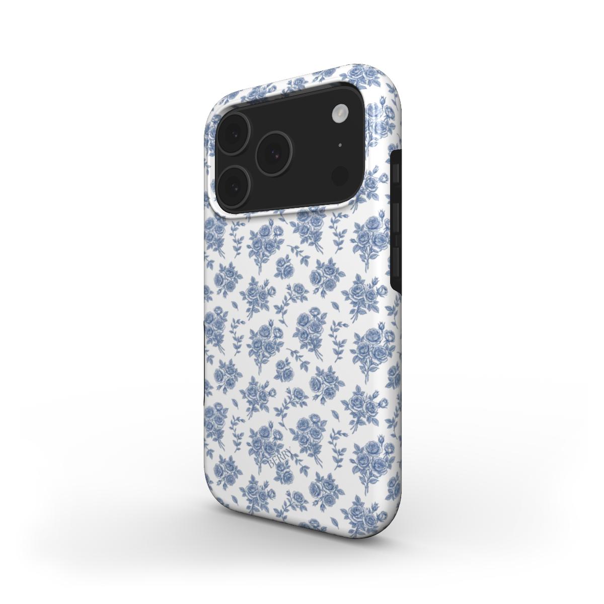 Trendy phone case with a feminine, multicolored white and blue floral pattern evoking a beautiful, aesthetic garden-inspired style.