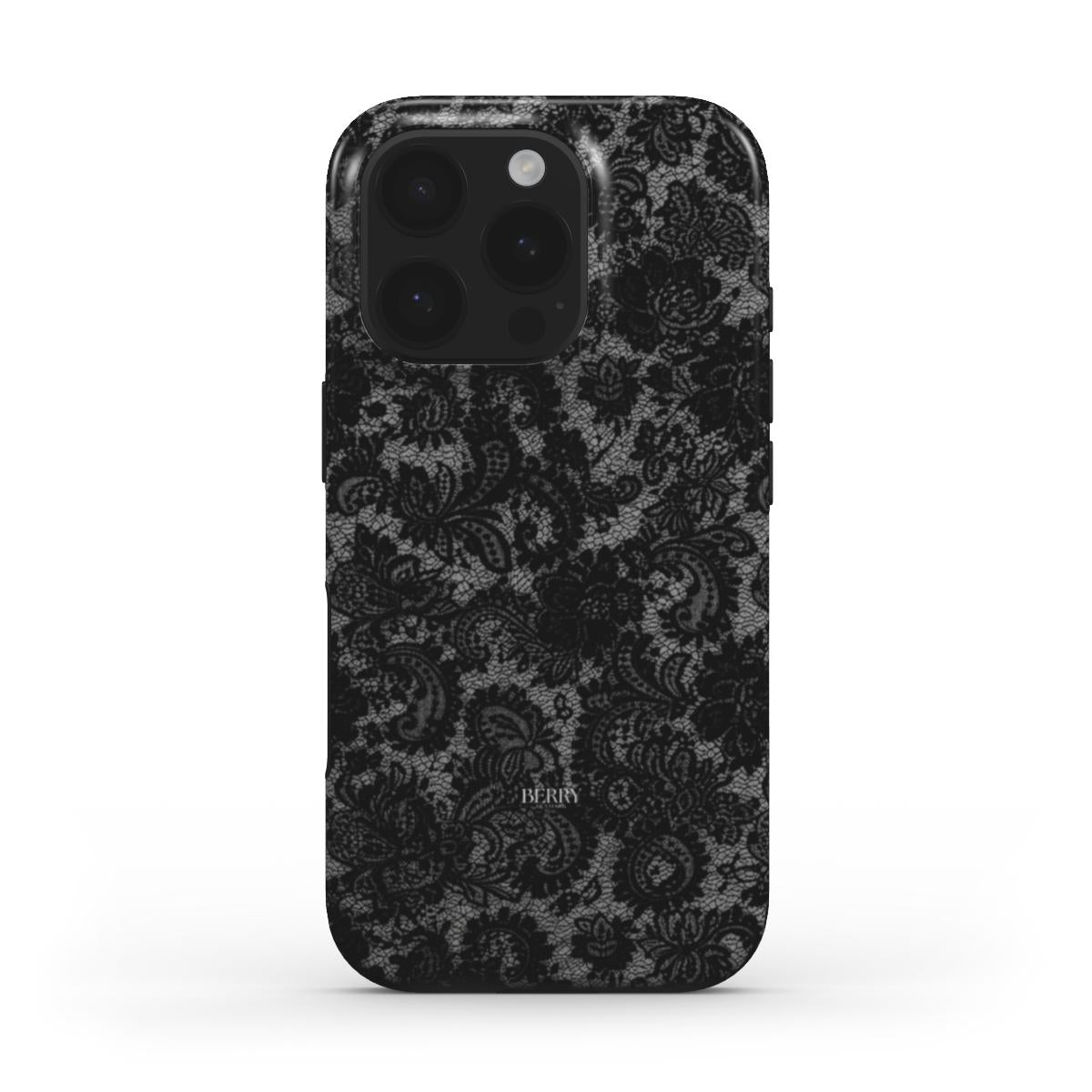 Trendy feminine phone case with an intricate black lace pattern, offering an elegant and beautiful design for a stylish, girly aesthetic.