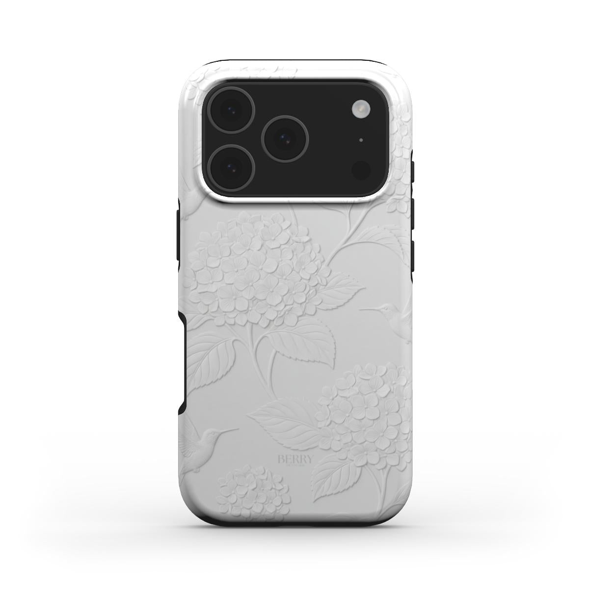 White phone case with textured floral pattern and subtle elegant details, showcasing a trendy and feminine aesthetic for a popular stylish look.